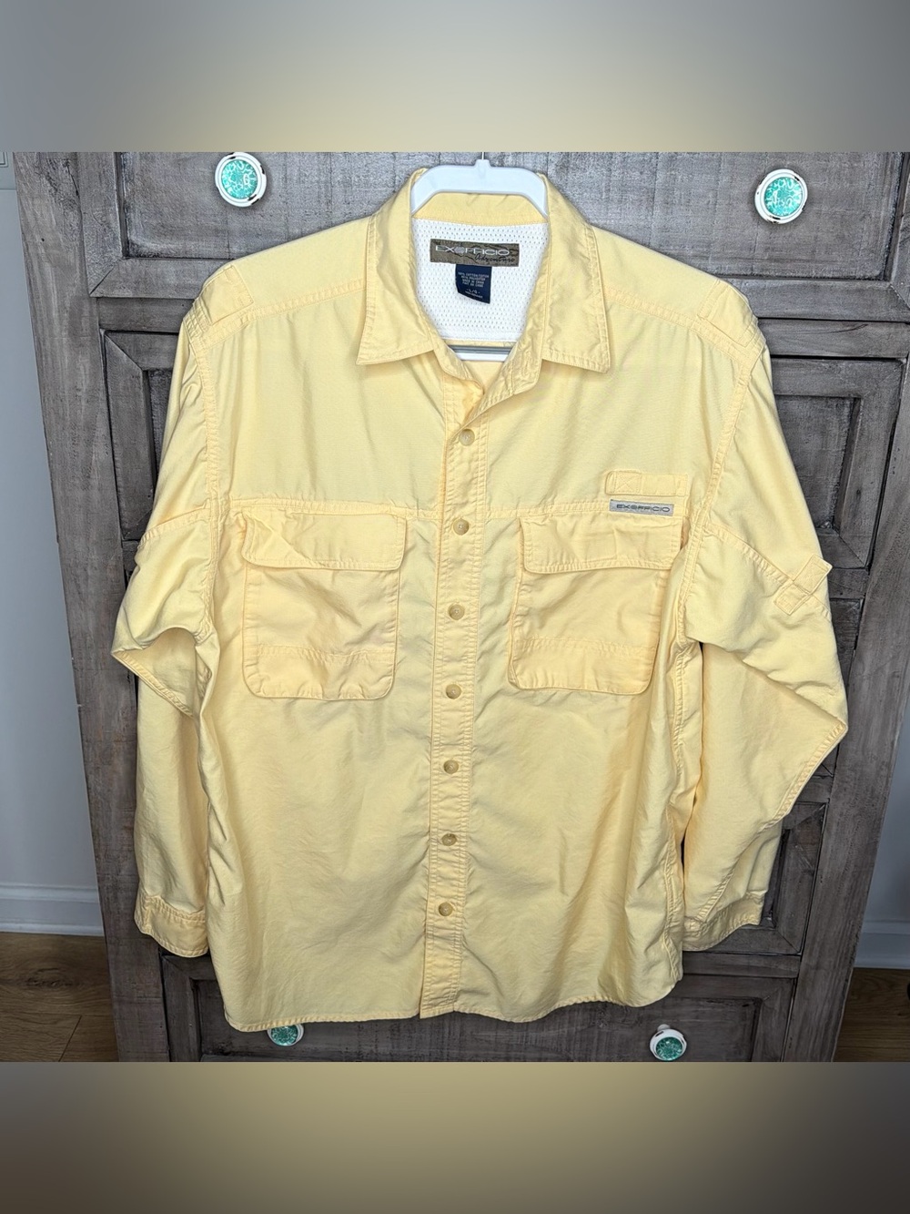 Exofficio Men’s Yellow Solid Woven Cotton/Poly Long Sleeve Button-Up Vent Size L